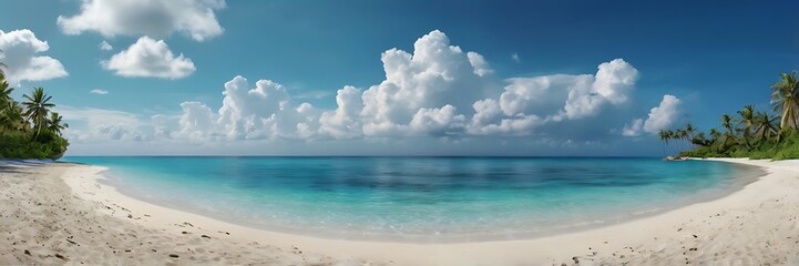 Obraz premium Serene Tropical Beach with White Sand, Turquoise Ocean, Palm Trees, and Fluffy Clouds