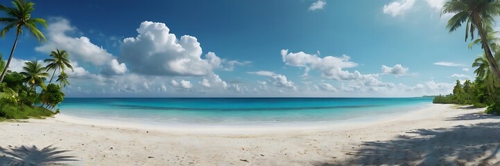 Serene Tropical Beach with White Sand, Turquoise Ocean, Palm Trees, and Fluffy Clouds