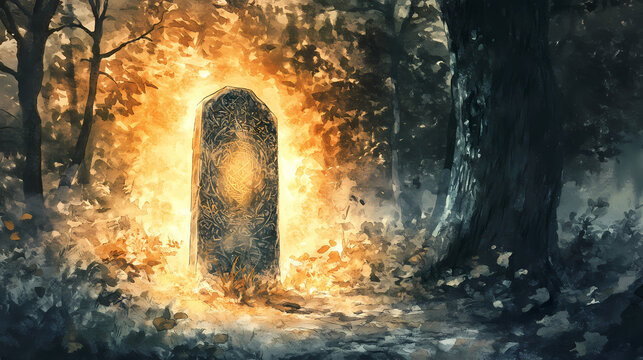 Glowing ancient runestone imbued with mystical energy in an enchanted watercolor forest landscape magical ethereal and primordial scene with a mysterious esoteric feel. Runestone. Illustration