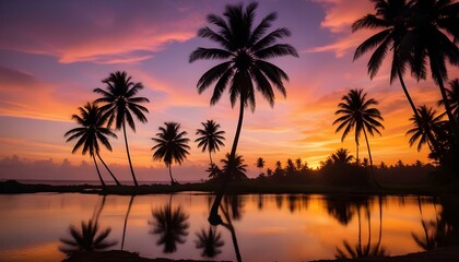 Morning Sunrise Evening Sunset Ocean Palm Coconut Tree Sunlight Peaceful Horizon Background Texture