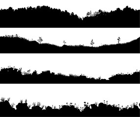 Seamless realistic black and white vector collection of 4 silhouettes of the ground with grass, stones, flowers, spikelets, trees and forest on it. Endless hand drawn landscapes for work  design.