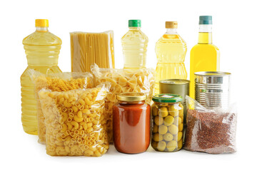 Foodstuffs in donation box isolated on white background with clipping path for volunteer to help people.