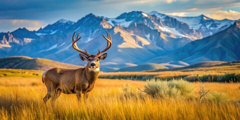 Fototapeta premium Aerial View of Mule Deer Buck in Prairie Grasslands with Rocky Mountains Background - Wildlife Photography on Public Land