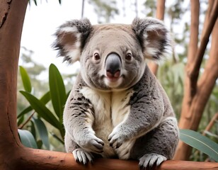 Obraz premium Adorable Koala Bear Sitting on Tree Branch in Lush Forest