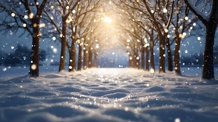 Obraz premium Image is a serene winter landscape photograph featuring a symmetrical, tree-lined pathway covered in snow. The trees, bare of leaves, form a natural archway, their branches dusted with snow. 