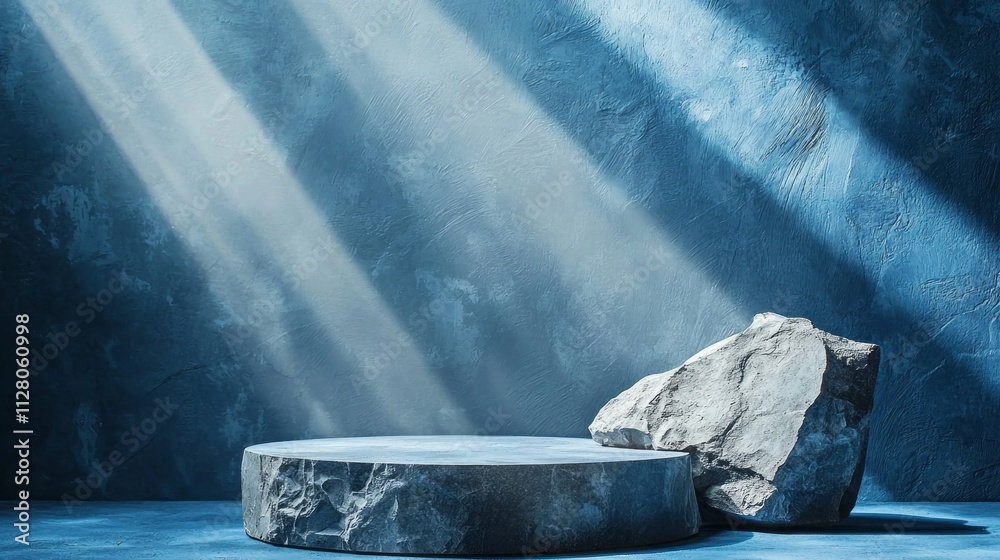 Poster a stunning rock stone podium stands elegantly in a tranquil space. soft rays of light illuminate the