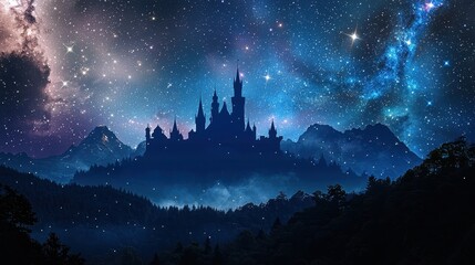 Naklejka premium Starry Night with Silhouetted Castle