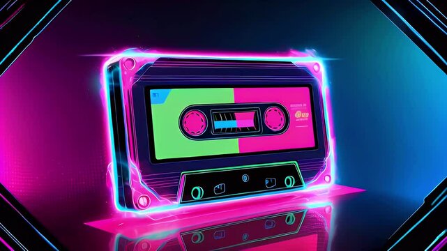 A vibrant, neon-themed cassette tape illustration, evoking retro music nostalgia.