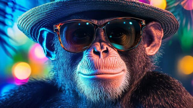 Chimpanzee wearing sunglasses and a hat against colorful bokeh background