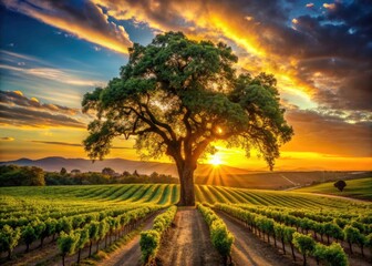 Naklejka premium California Oak Tree Sunset Vineyard Panoramic Photography - Central Coast Wine Country Landscape
