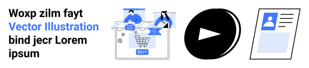 Two people shopping online with a cart, a play button for multimedia content, and a user profile card. Ideal for online shopping, content creation, user profiles, digital marketing, multimedia, app