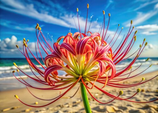 Stunning beach spider lily blossoms dominate this panoramic close-up; coastal flower photography at its finest.