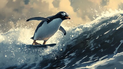Obraz premium A playful penguin surfing on waves against a dramatic sky, capturing a moment of joy in nature.