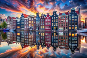 Surreal Amsterdam: canal houses twist in a fantasy Netherlands.