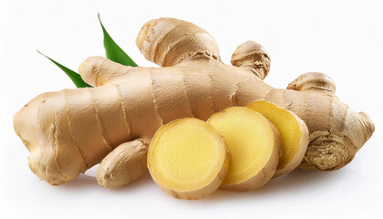 Fresh ginger rhizome root with sliced piece isolated on white background