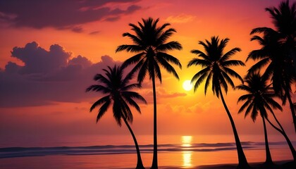 Morning Sunrise Evening Sunset Ocean Palm Coconut Tree Sunlight Peaceful Horizon Background Texture