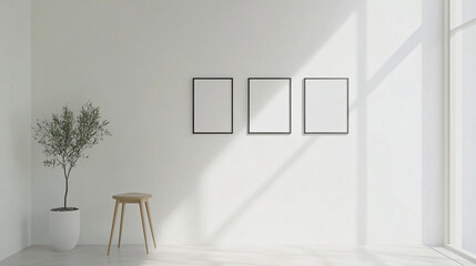 A simple white room with a photo wall showcasing five evenly spaced square black frames, all blank, creating a stark yet balanced contrast. The room is uncluttered, with minimal decor and soft,