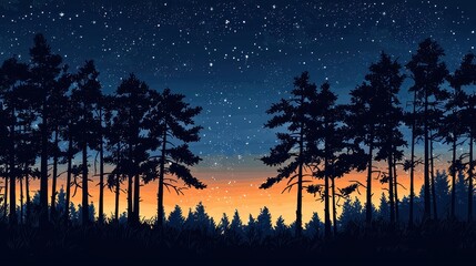 Starry Night with Silhouetted Pine Trees