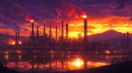 Obraz premium At sunset, an oil refinery buzzes with activity, silhouetted against a vibrant orange sky.