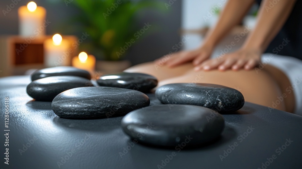 Poster a relaxing massage scene with a therapist using hot stones on a client's back in a dimly lit room st