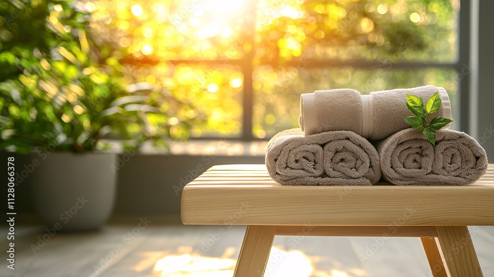 Poster a calming environment with a massage table and warm towels under soft golden lighting stock photo wi