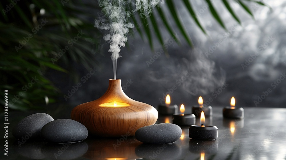 Aufkleber A serene spa space featuring essential oils and diffusers creating a relaxing atmosphere Stock Photo with side copy space