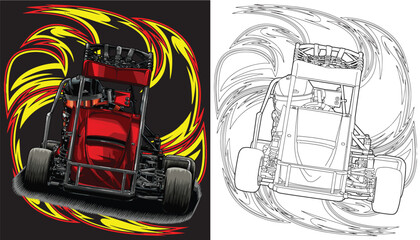 Outline red and painted racing car. Isolated in black background, for t-shirt design, print, and for business purposes. © wendy