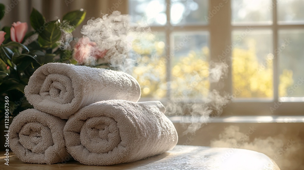 Poster a luxury spa setting with a steam room and elegantly folded towels in the foreground stock photo wit