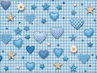 Cute Blue Gingham Plaid Pattern with Hearts and Stars - Trendy Fashion Background for Wallpapers, Apparel, and Accessories