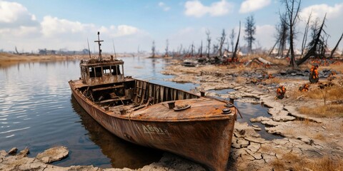 Obraz premium Impact of war on dead river and abandoned city concept. Abandoned rusty boat on a desolate shore surrounded by dry land