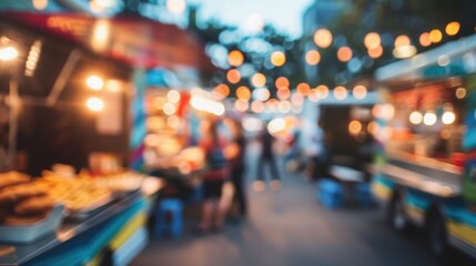 Fototapeta premium Defocused background of a food truck festival with the smell of fried delights in the air.