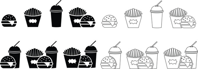 Fast food flat line icon set. Burger combo lunch french fries sauce salad soup and drink vector collection isolated on transparent background. Thin signs for restaurant menu silhouette image clip art