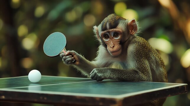 A playful monkey skillfully plays table tennis in a lush green environment, showcasing its unique abilities.