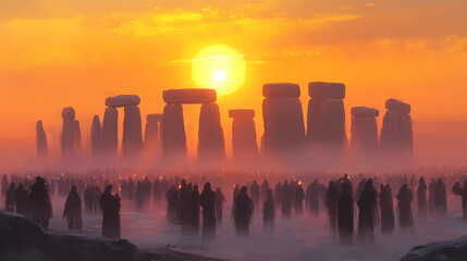 Winter solstice festival in stonehenge, people gathered in the ancient site to watch the sunrise, mystical atmosphere, foggy Solstice. Illustration
