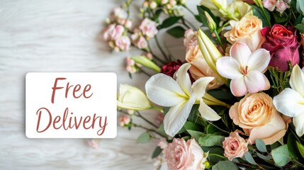 Valentine's Day flower shop banner with free delivery concept. Beautiful floral arrangement with a sign for free delivery