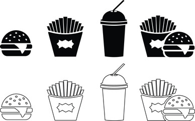 Fast food flat line icon set. Burger combo lunch french fries sauce salad soup and drink vector collection isolated on transparent background. Thin signs for restaurant menu silhouette image clip art