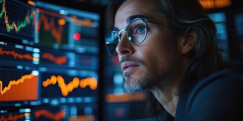 Obraz premium Trader Analyzing Stock Market Graphs with CRM Tools in Dynamic Office Setting for Financial and Trading Consultations
