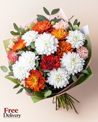 Valentine's Day flower shop banner with free delivery concept. Vibrant flower bouquet with mixed colors and greenery accents