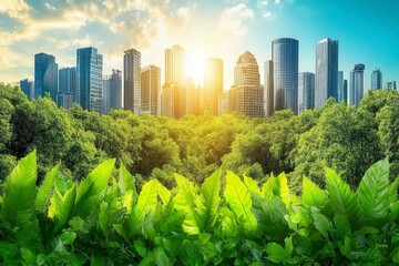 Fototapeta premium Urban Jungle with Sunlight Behind Skyscrapers