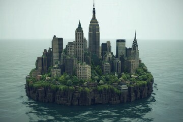 Fototapeta premium Urban Island Surrounded by Water in a Lush Environment
