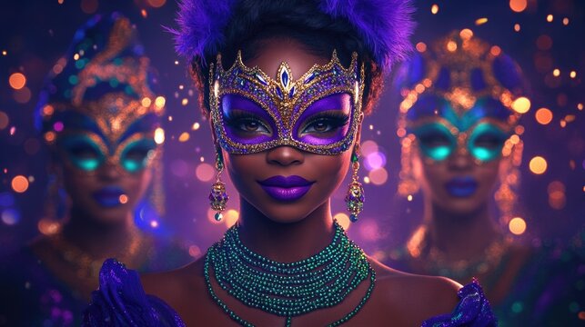 Elegant african women in purple and gold carnival masks amid sparkling bokeh. Happy Mardi Gras