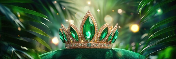 Luxurious emerald and gold crown with sparkling jewels amidst lush greenery. Happy Mardi Gras