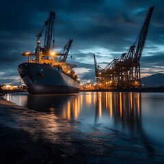 Fototapeta premium Supply ship unloading materials dockside maritime scene industrial setting low angle supply chain management