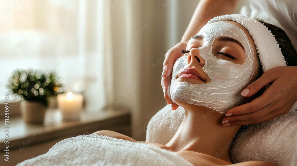 Poster a calming therapy session featuring a therapist using a cooling mask to soothe skin irritation stock