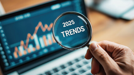 2025 Trends concept. A businessman presents 2025 TRENDS globe surrounded, e-commerce, finance, healthcare, online work, media, technology and green business, generative ai