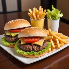 Juicy 200g Double Hamburger with Crispy Fries in a Casual Dining Setting