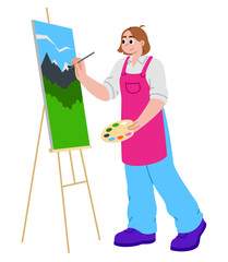Young woman painting a picture on an easel