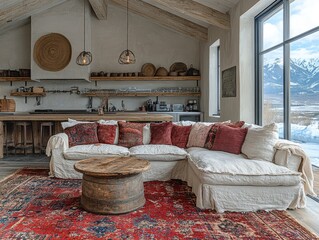 Rustic living room with sectional sofa, wooden coffee table, and vibrant rug. Perfect for showcasing cozy, mountain cabin or rustic home decor themes.