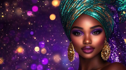 Obraz premium Elegant african woman wearing colorful headwrap and jewelry against purple glitter background. Happy Mardi Gras
