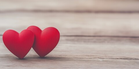 Fototapeta premium This image features two vibrant red wooden hearts placed closely together on a rustic wooden surface, representing love, affection, and connection between individuals.